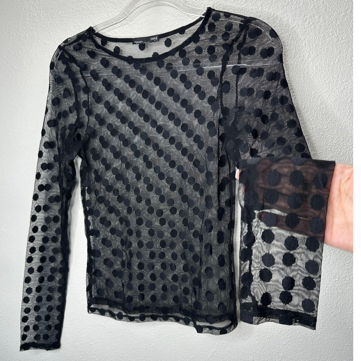 Zara Black Sheer Mesh Polka Dot Long Sleeve round Neck Top Small