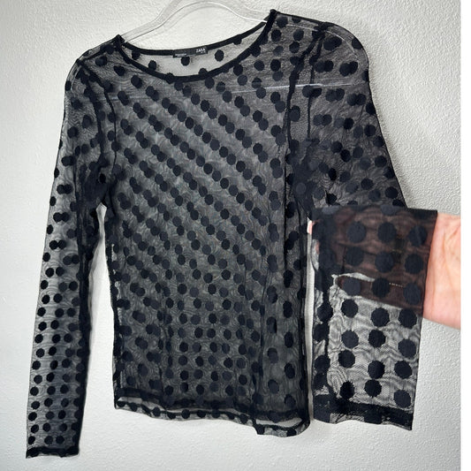Zara Black Sheer Mesh Polka Dot Long Sleeve round Neck Top Small