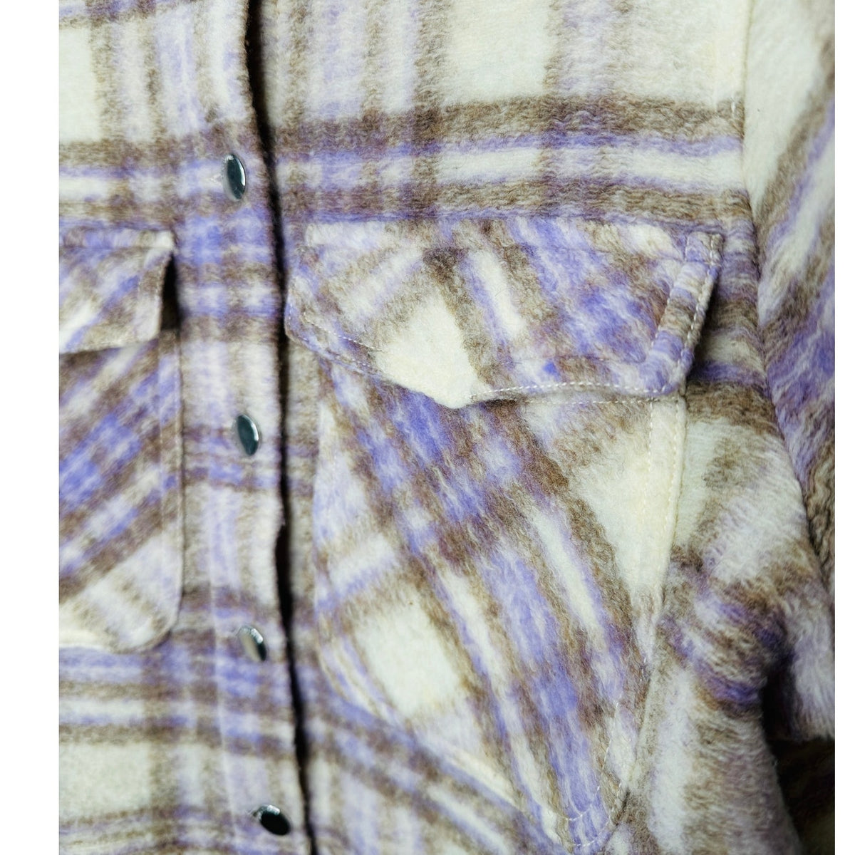 Zara Fuzzy Cream Purple Tan Plaid Front Button Pocket Crop Jacket Small