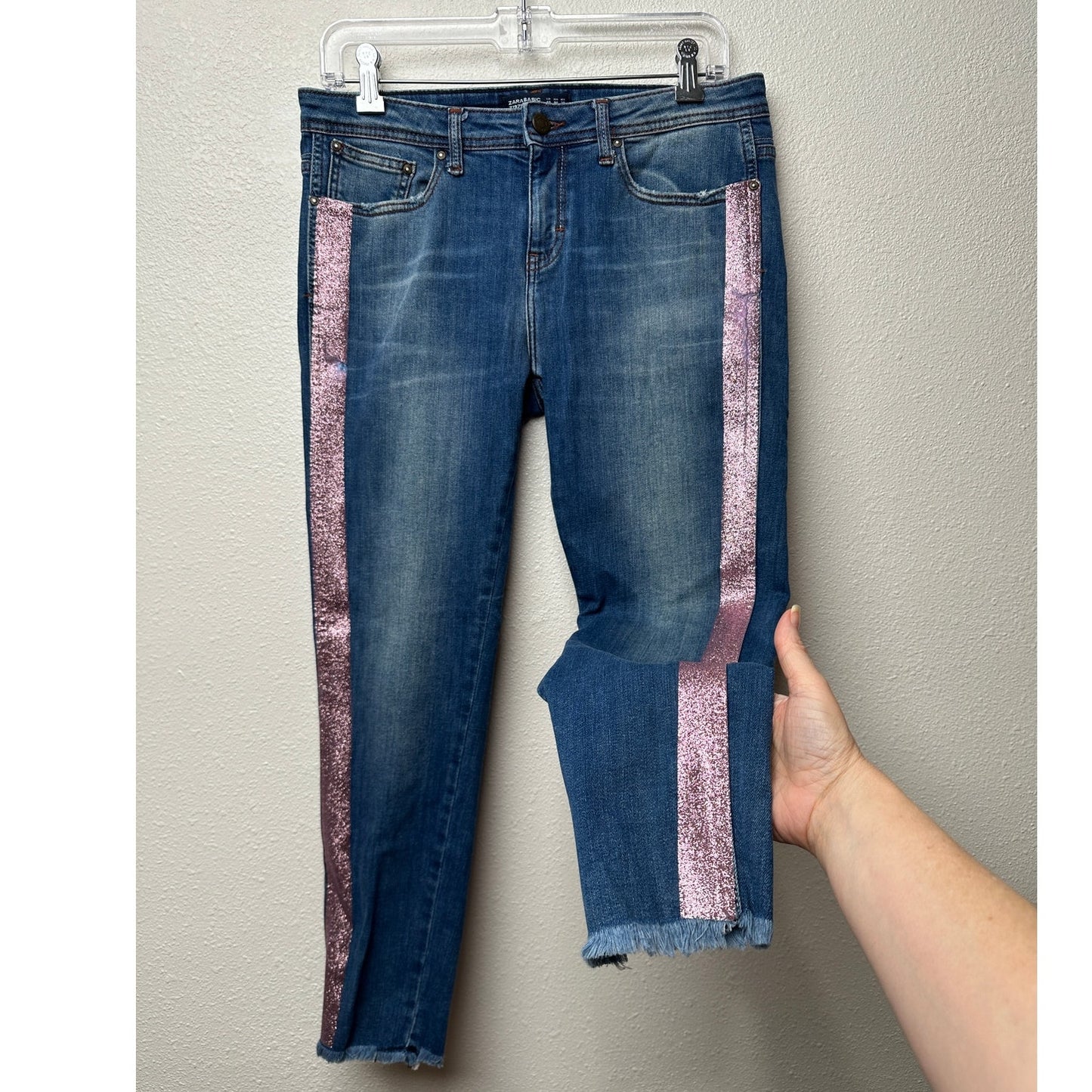 Zara Jeans Medium Wash Womens US 8 Pink Glitter