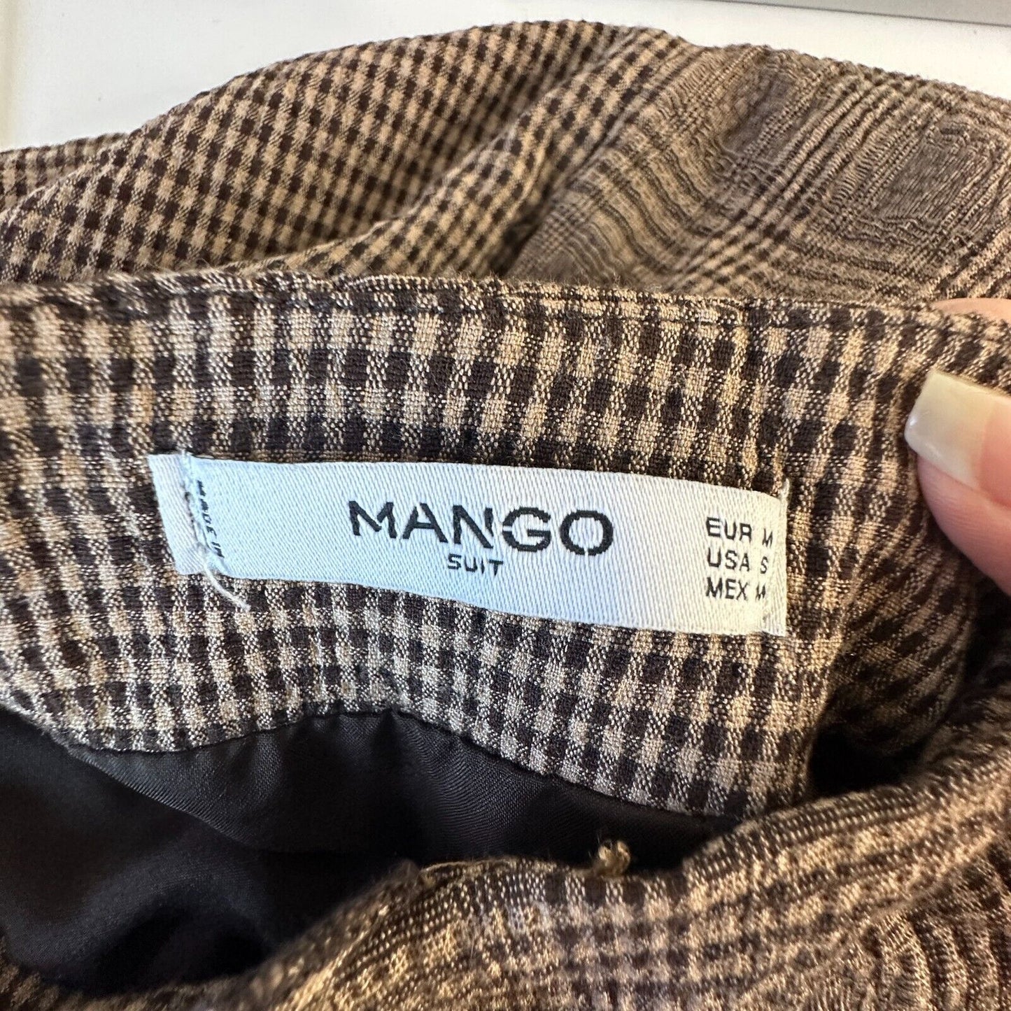 Mango Brown Plaid Checkerboard Mix Fabric Side Ruffle ALine Back Zip Skirt Med