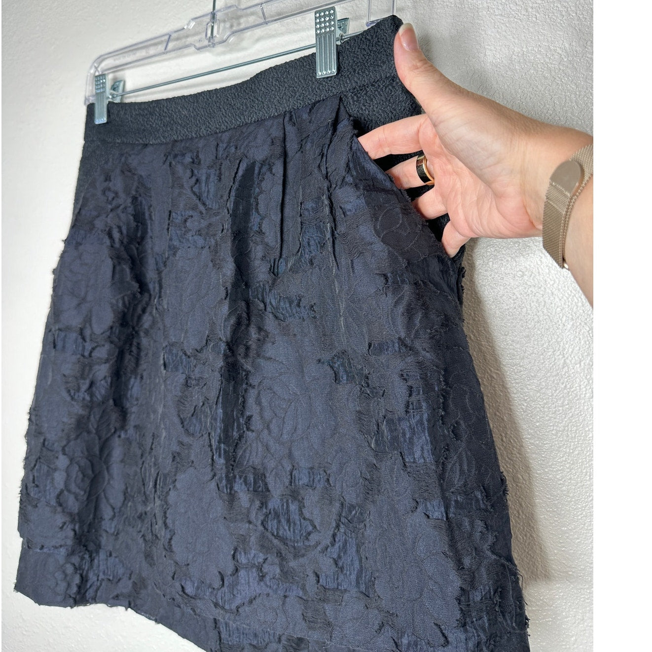 H&M Black Tiered Burnout Jacquard Weave Lace Pockets Back Zip Mini Skirt 8
