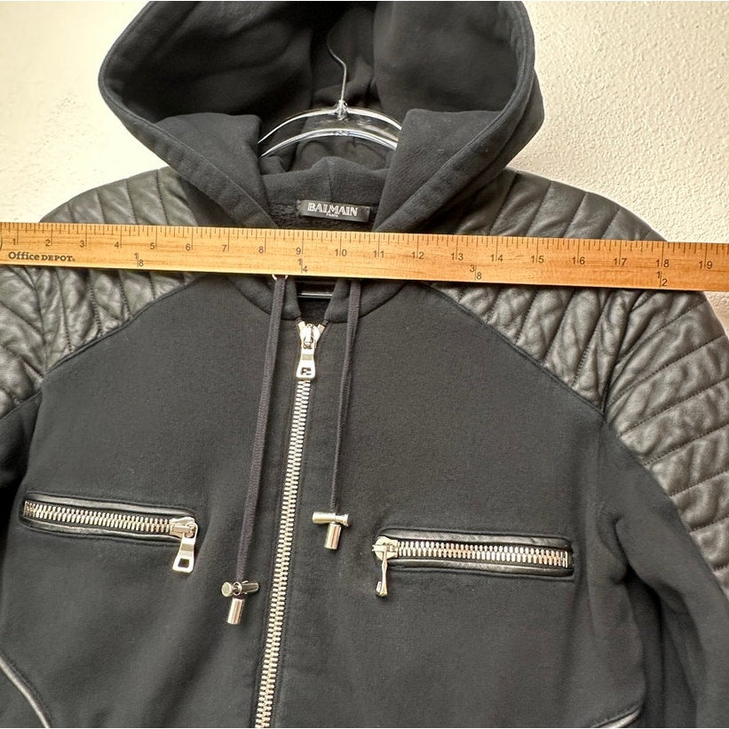 FUC Balmain Black Moto Hoodie Jacket Quilted Leather Shoulder Zip Sweatshirt M