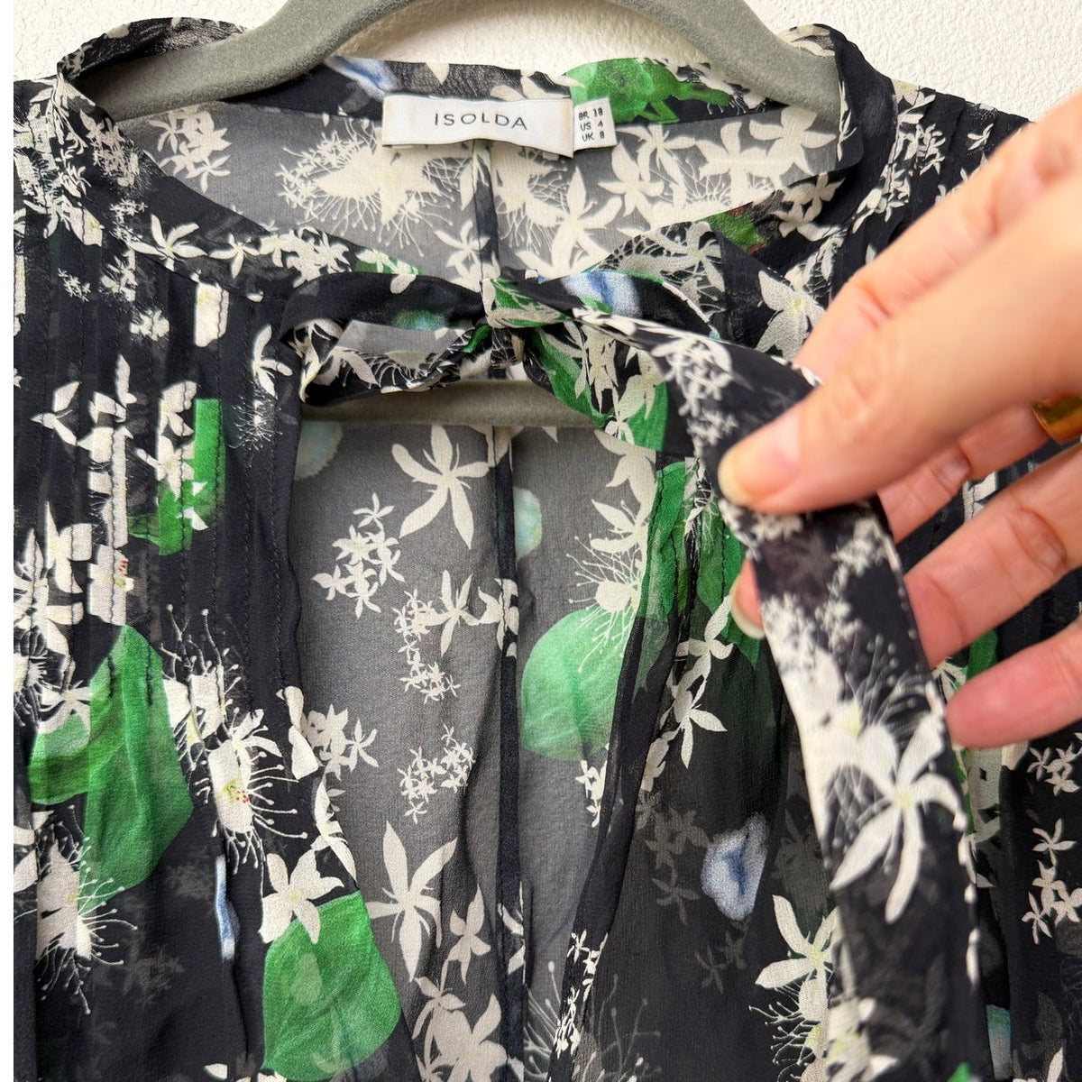Isolda Silk Floral Tie Neck Sheer Blouse Black Green Women's US M