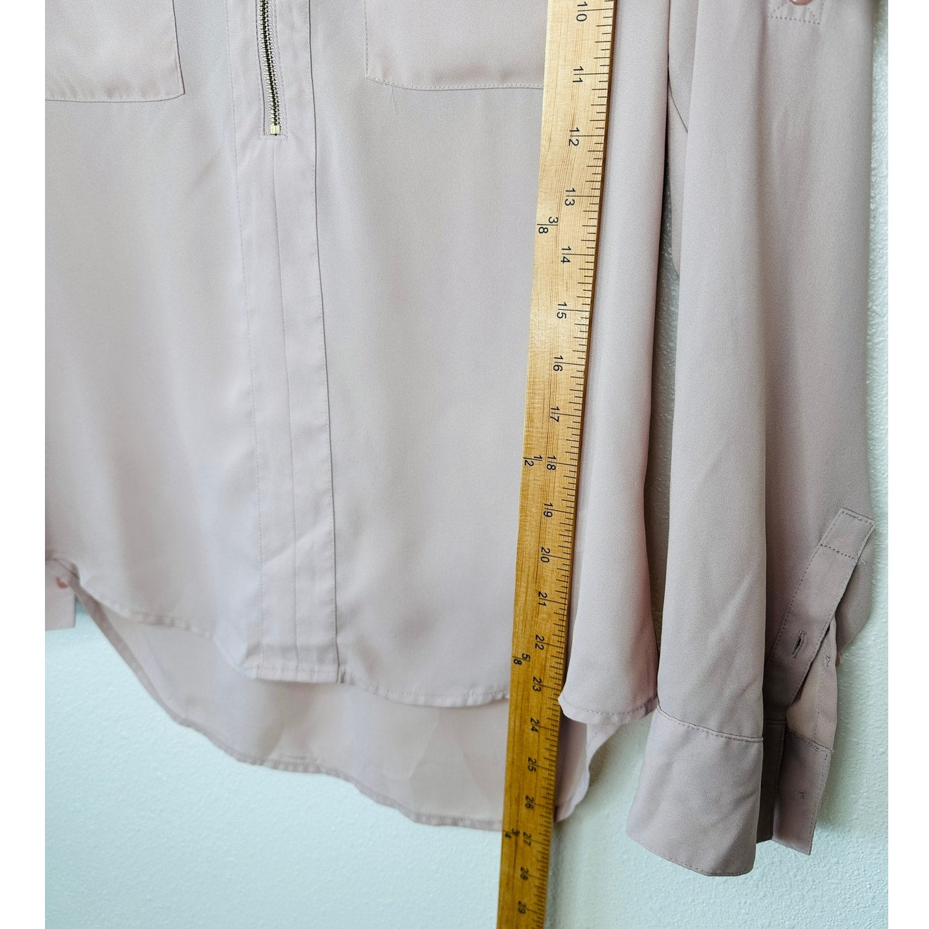 Express Pale Peach Two Pocket Zip Front Roll Tab Sleeve Popover Top M