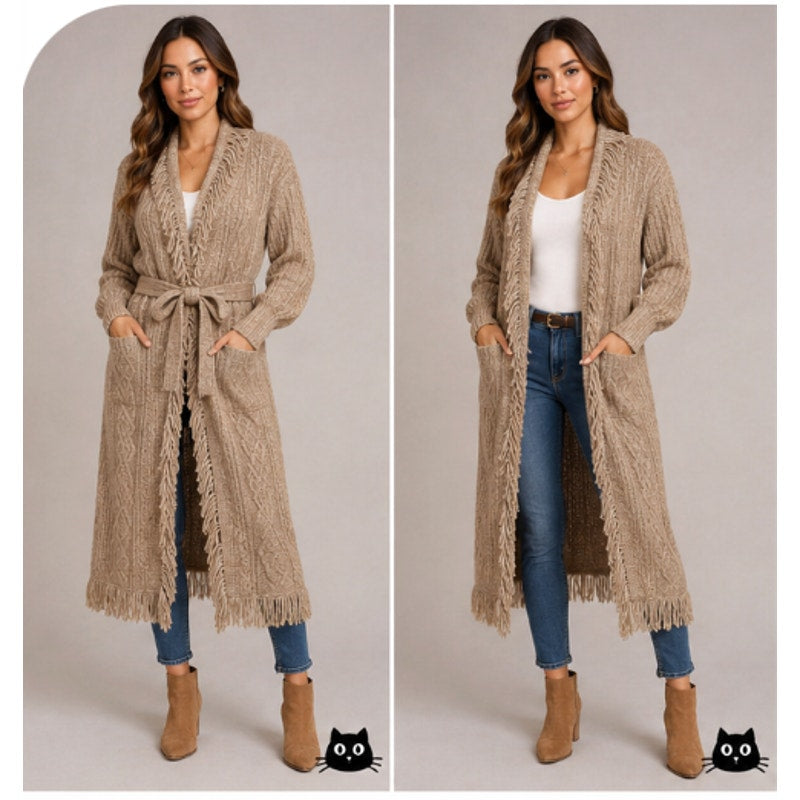Olivaceous Tan Cream Cable Knit Fringe Trim Midi Cardigan L