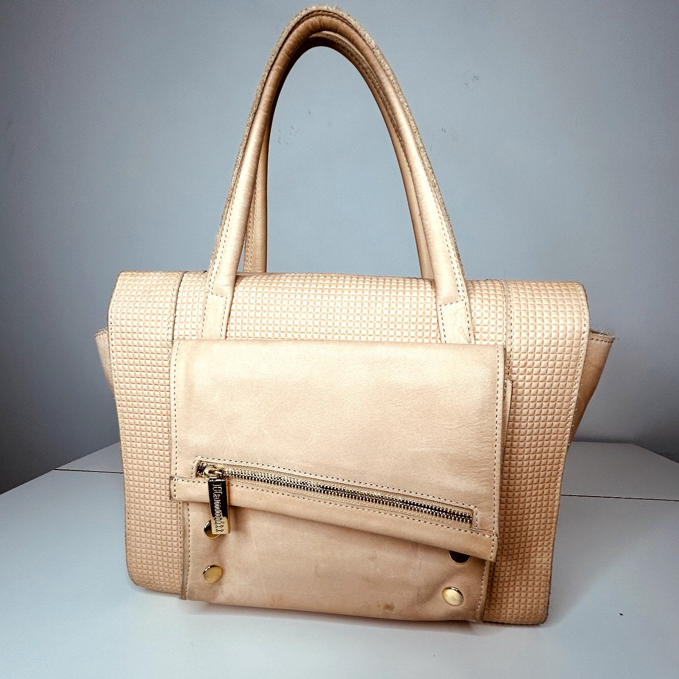 Hammitt Cream Leather Satchel Front Zip Pocket Red Interior Purse Leather Handle