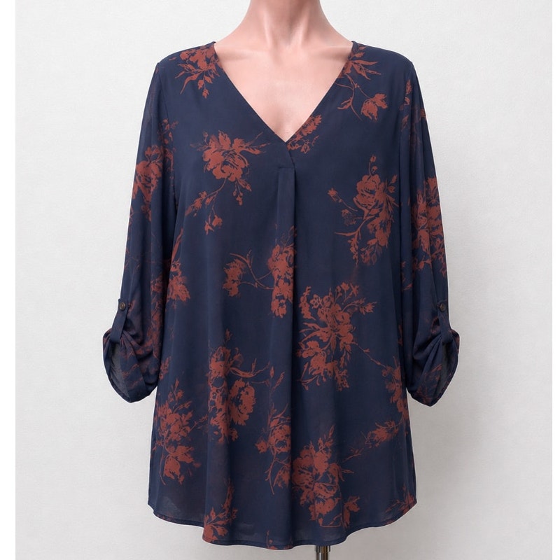 Evereve Allison Joy Alexa Crossover Top Navy & Brown Floral 3/4 Sleeve VNeck XS