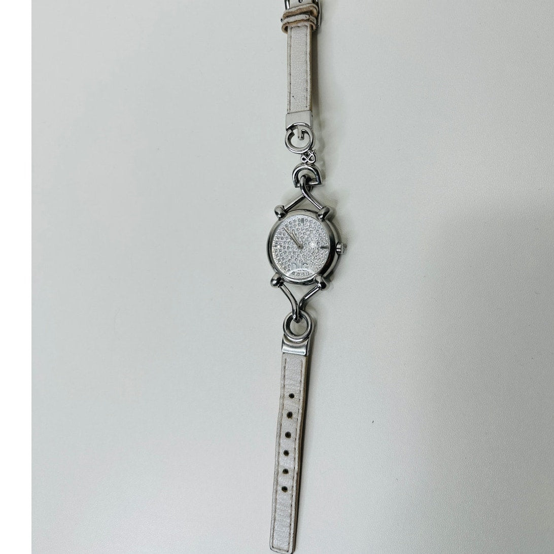Dolce & Gabbana Ladies Silver Flock Diamante Quartz Watch White Band