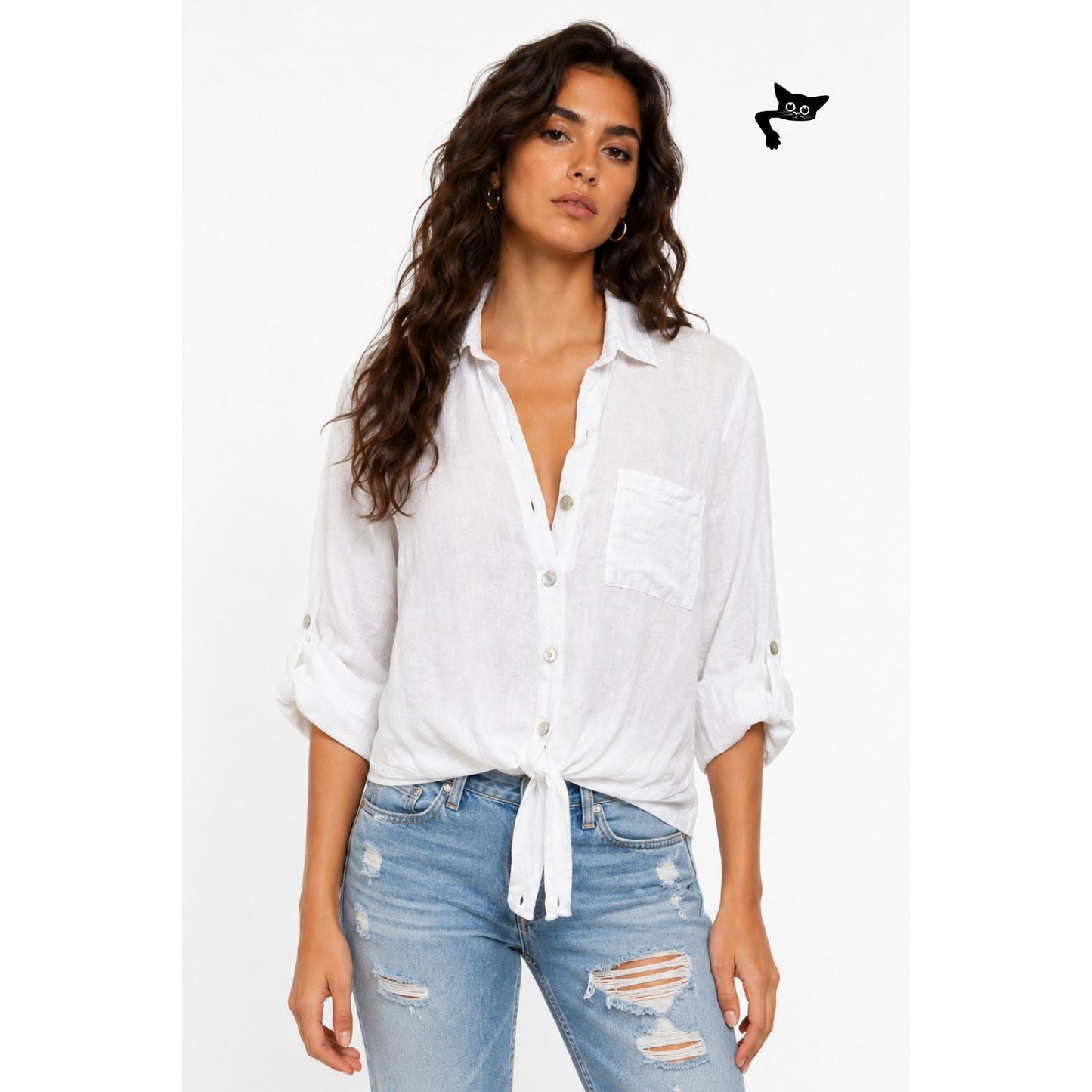 Meo Meli White Linen Button Front Tie Hem Collared Blouse