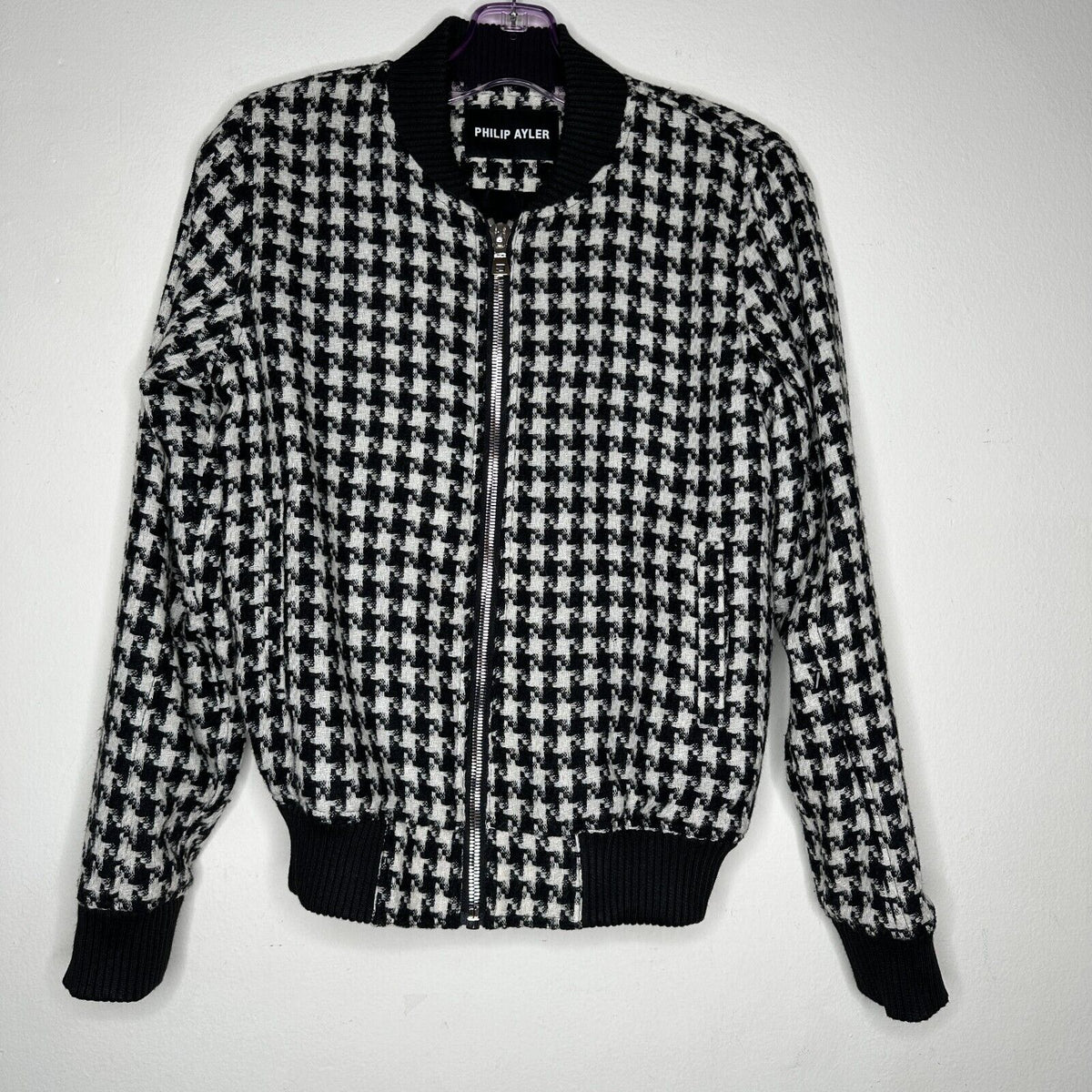 Philip Ayler White Black French Tweed Houndstooth Black Trim Zip Bomber Jacket