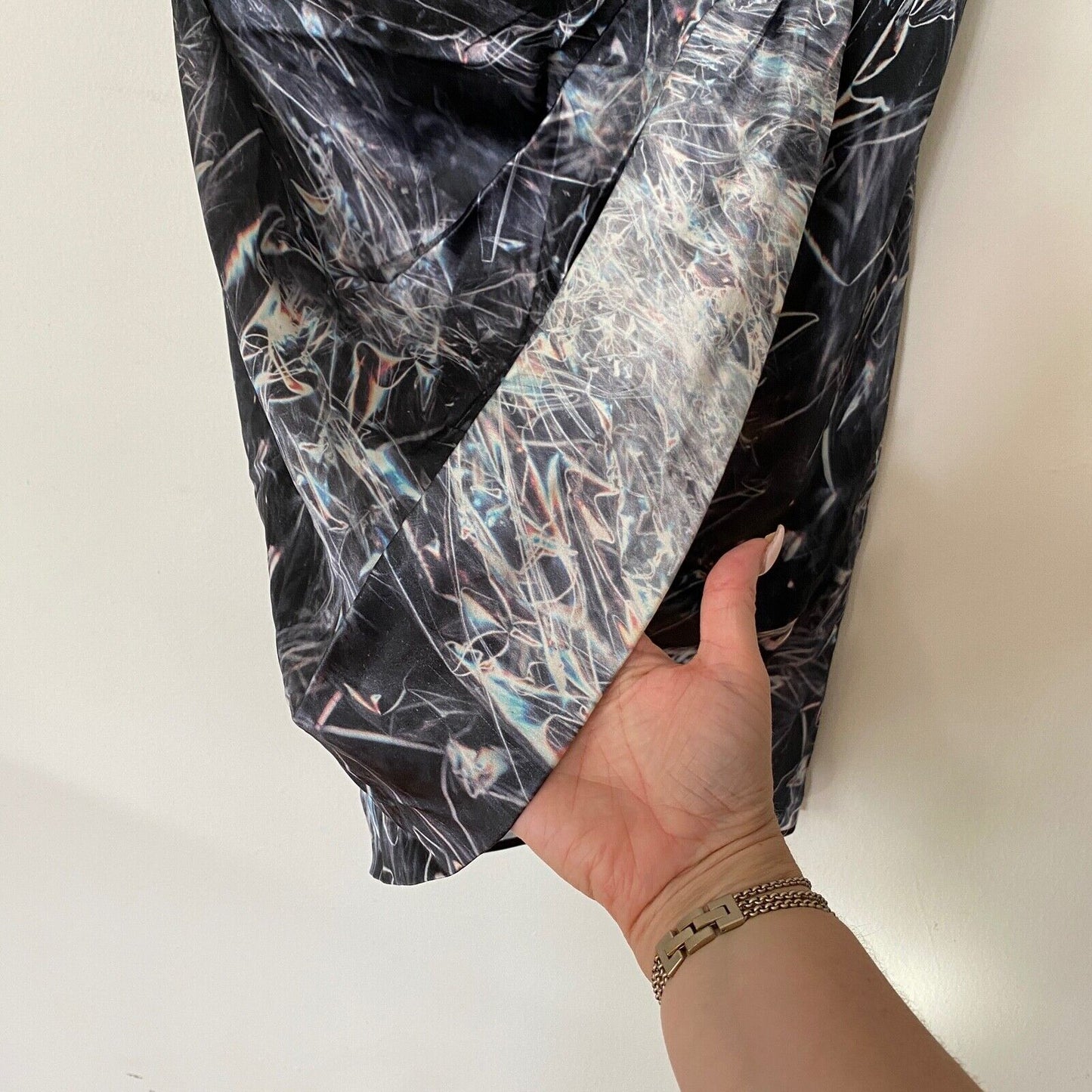 Helmut Lang SILK Cellophane Print Faux Tulip Hem Wrap Skirt Black Silver & Blue