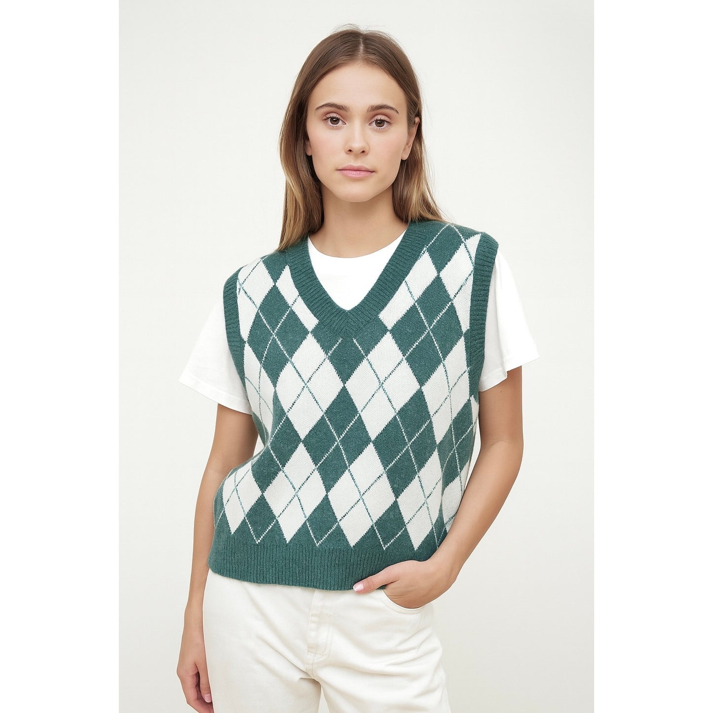 Sugar Muted Sage Green White Cream Argyle VNeck Sweater Vest