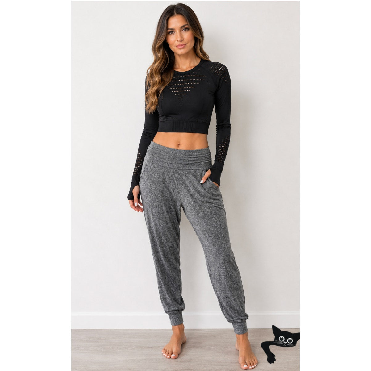 Jet Black Cropped Stretch Workout Top Long Sleeve Thumbholes Laser Cut Design SM