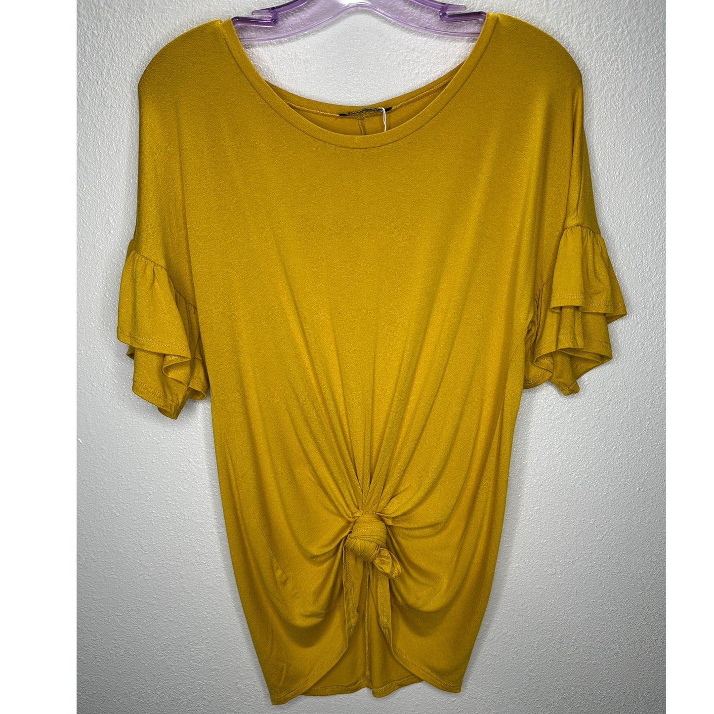 NWT Shop Basic Mustard Yellow round Neck Ruffle Sleeve Front Knot Shirt M