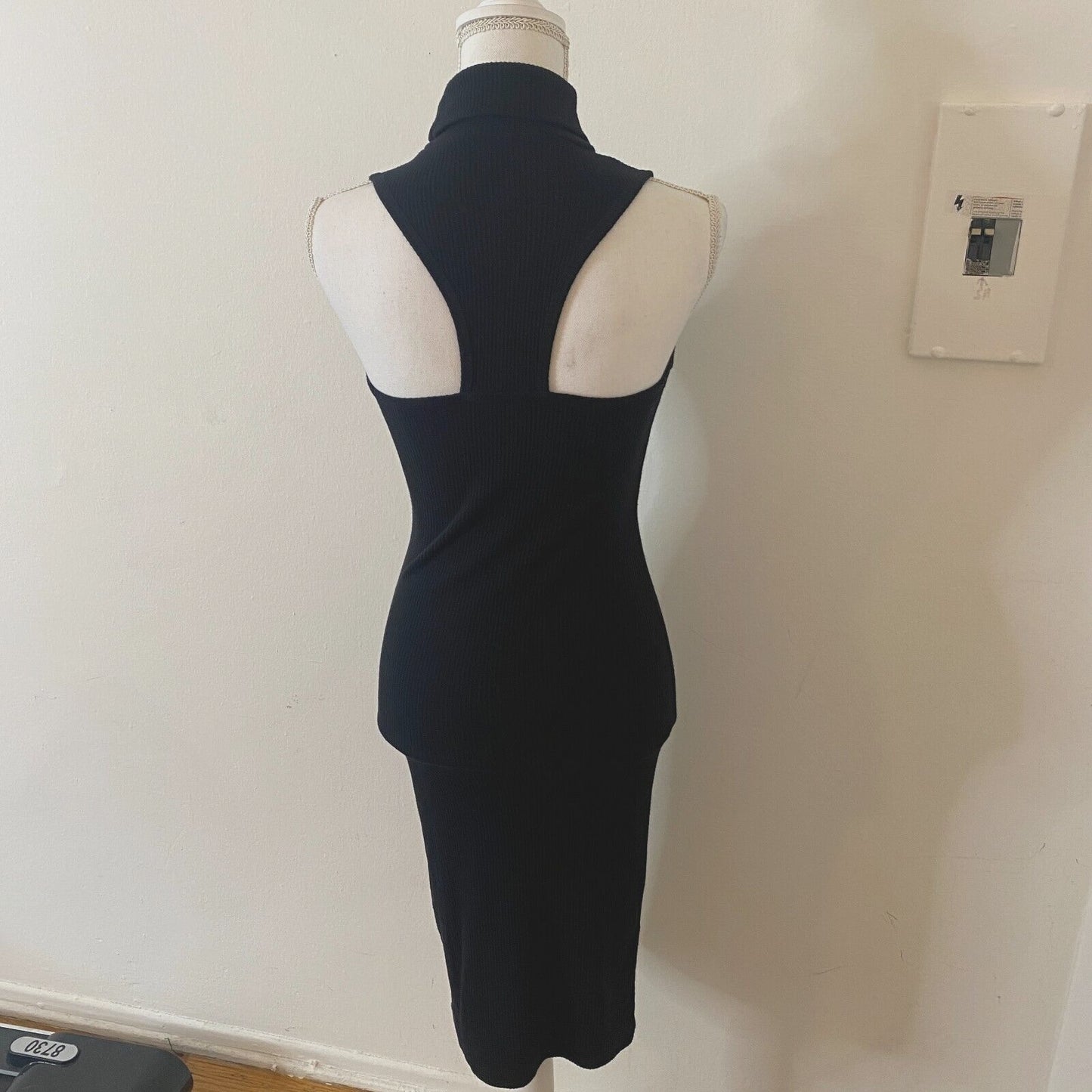 Black Mock Turtle Neck Sexy Ribbed Bodycon Sleeveless Cut Out Back Dress Small