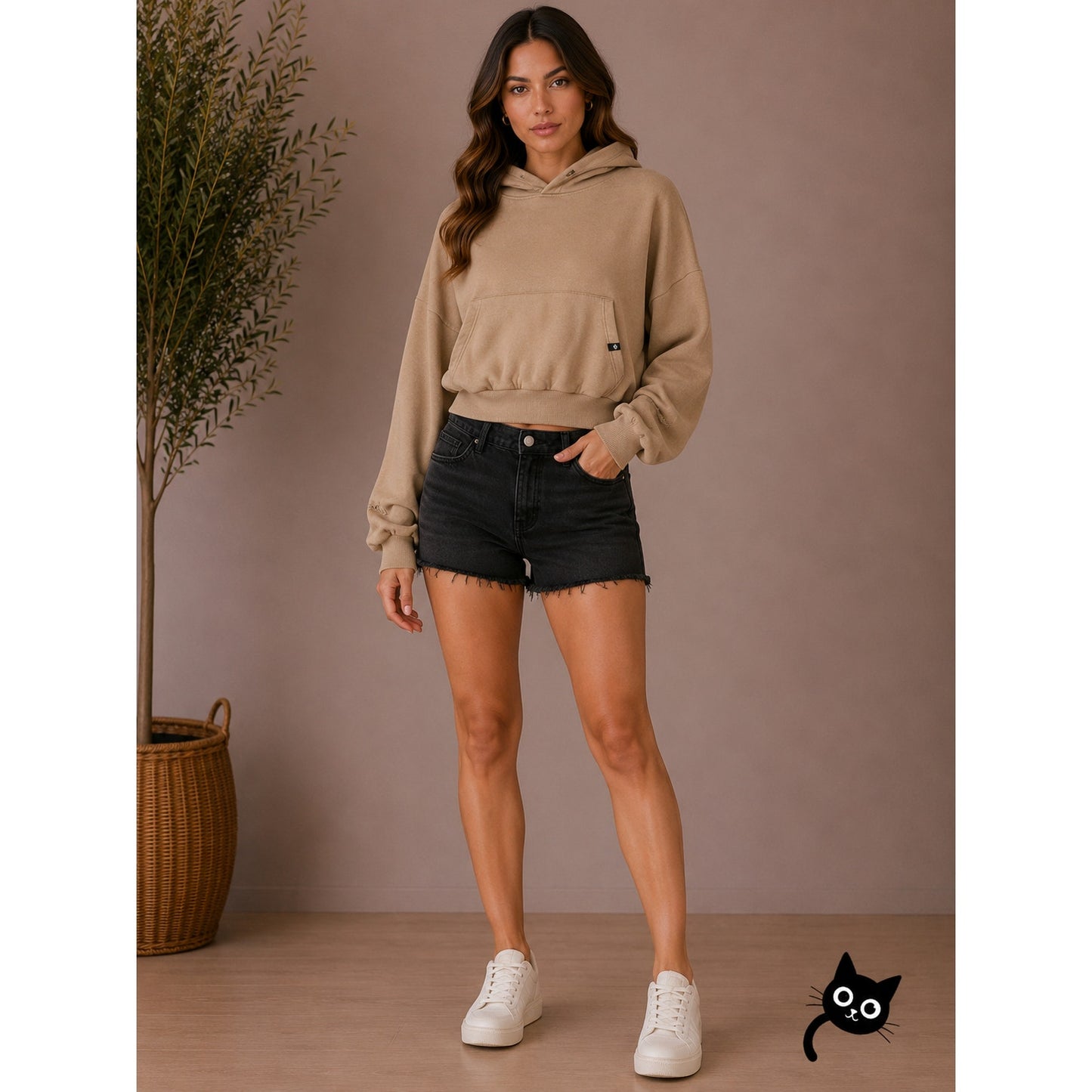 Popflex Tan Taupe Kangaroo Pocket Drop Shoulder Crop Pullover Hoodie S/M