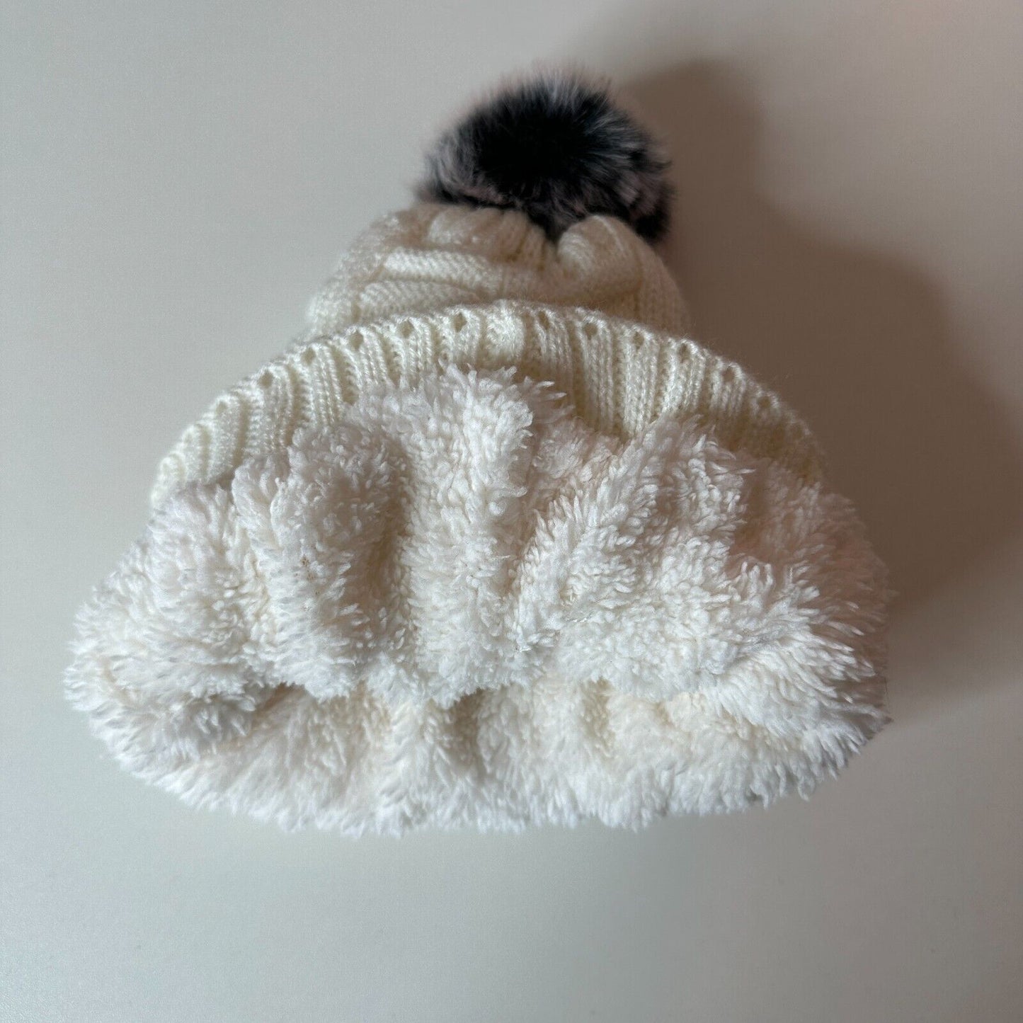 J.S Elk Deer Brown Patch Basket Weave Cream Beanie Gray Pom Pom Sherpa Lining OS