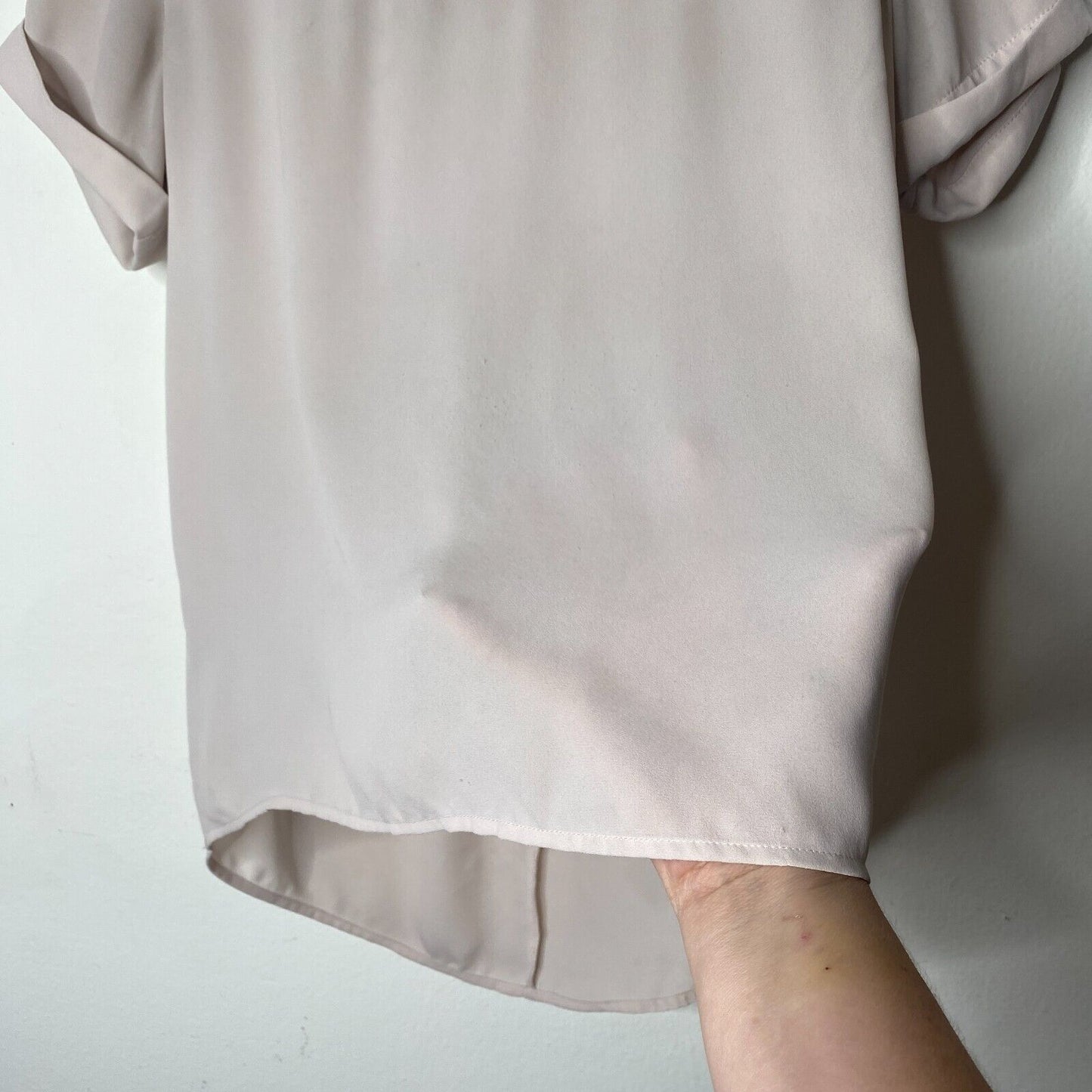 Loft Pinky Beige & Gray Collar Top Gathered Back Detail Cuffed Short Sleeves XSP