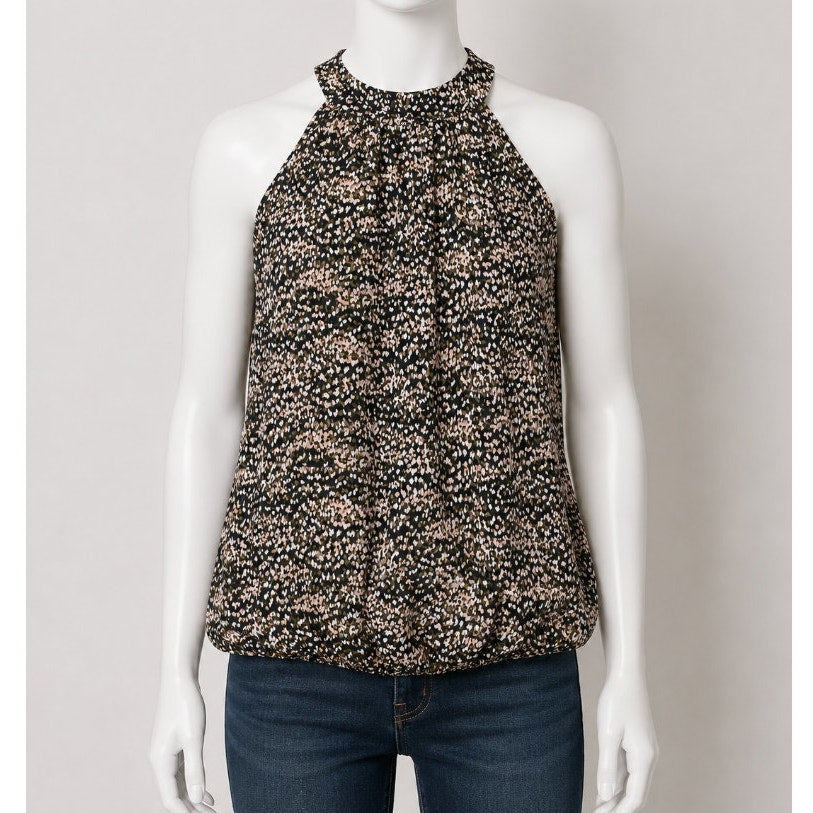 Allison Joy Black Peach Cream & Olive Print Halter Neck Sleeveless Tank Blouse S