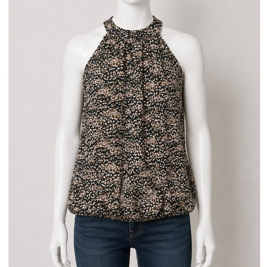 Allison Joy Black Peach Cream & Olive Print Halter Neck Sleeveless Tank Blouse S