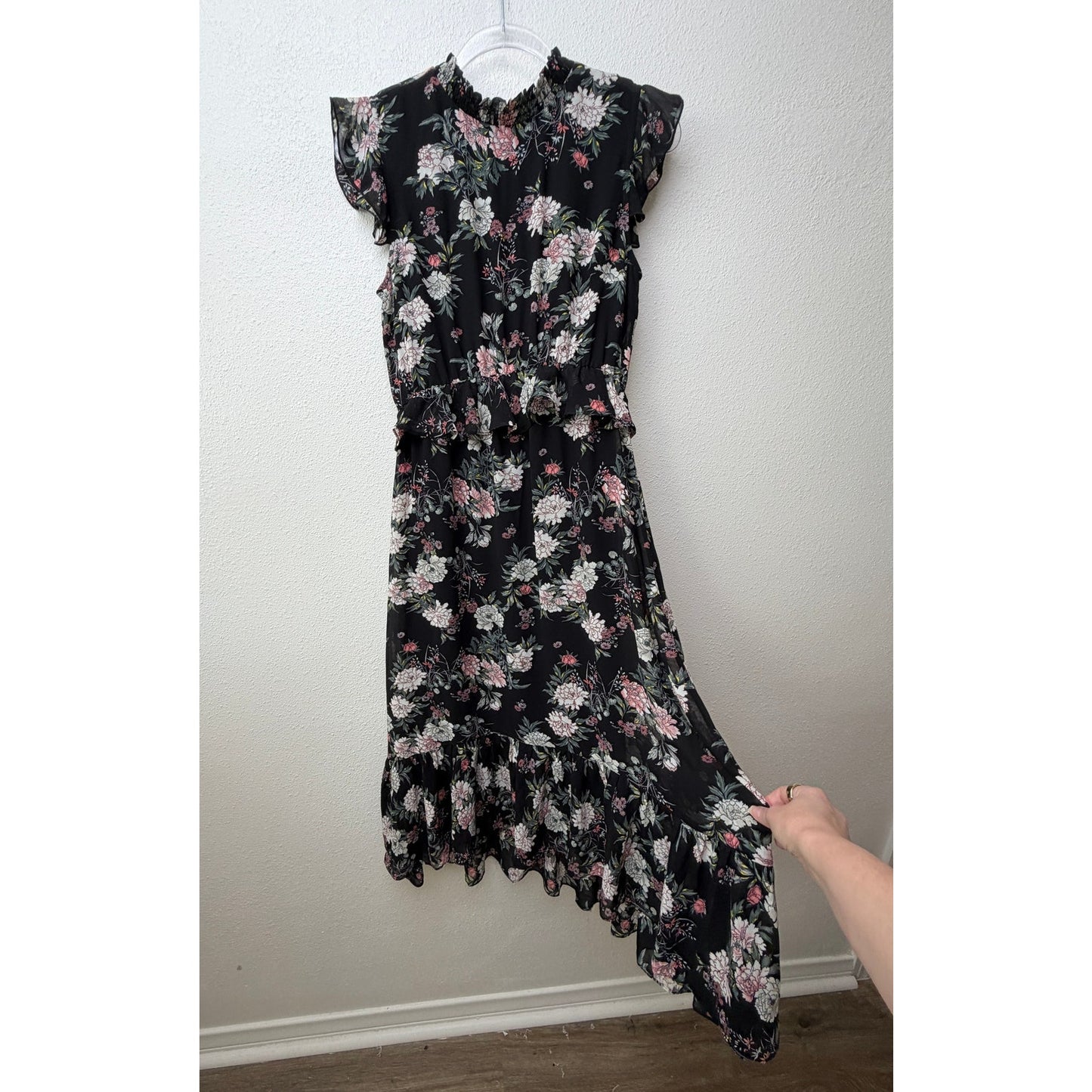 Laissez Faire Floral Midi Dress Smocked Neck Ruffle Sleeveless Size S