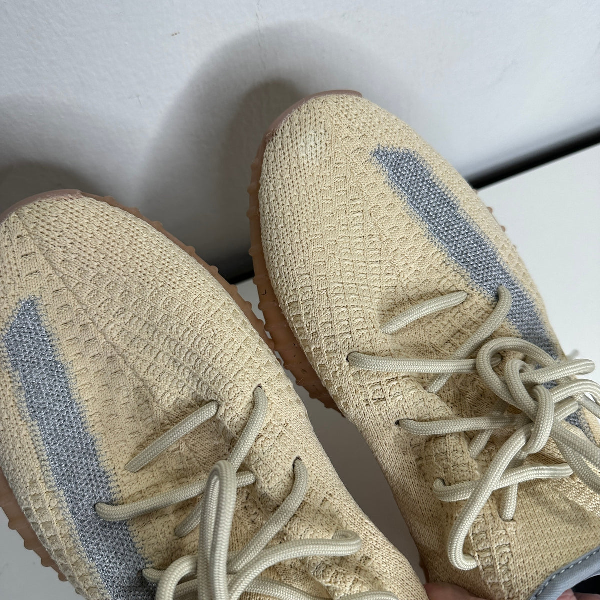 Yeezy x Adidas Boost 350 Tan & Blue Linen Fabric Sneakers Shoes 8.5