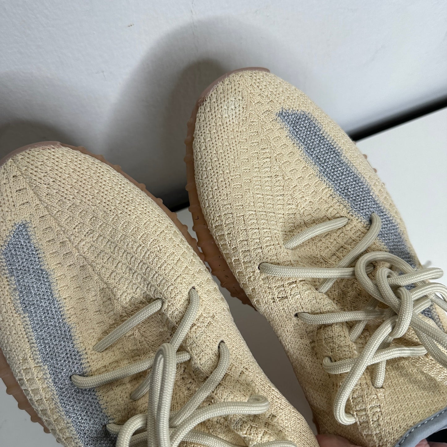 Yeezy x Adidas Boost 350 Tan & Blue Linen Fabric Sneakers Shoes 8.5