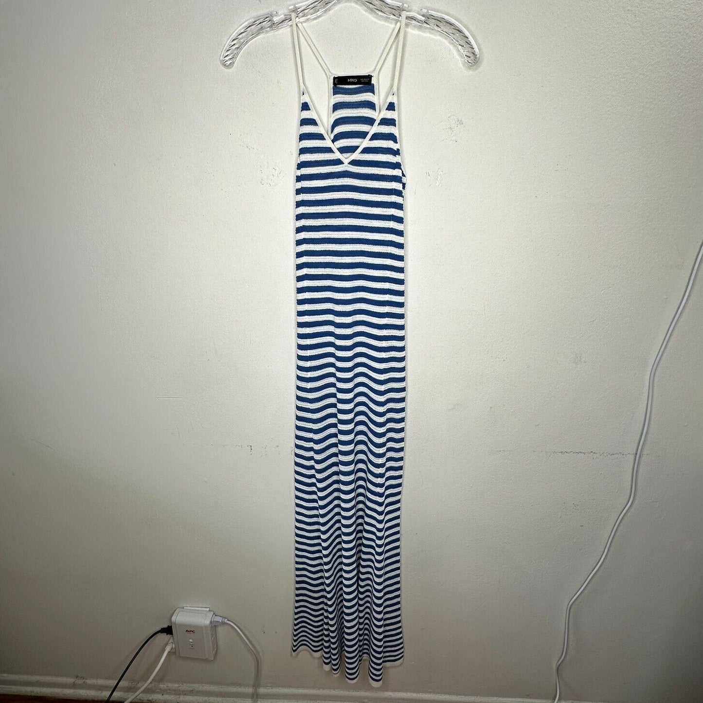 MNG White & Blue Striped Fine Knit V-Neck Thin Straps Maxi Stretch Dress XXS