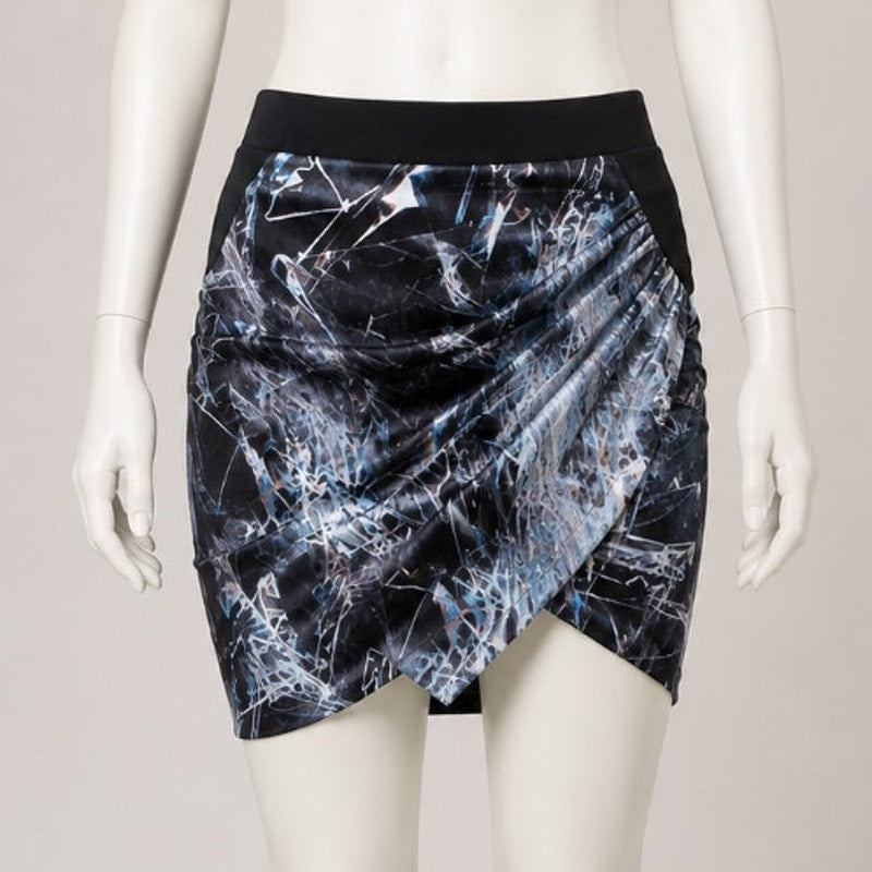 Helmut Lang SILK Cellophane Print Faux Tulip Hem Wrap Skirt Black Silver & Blue