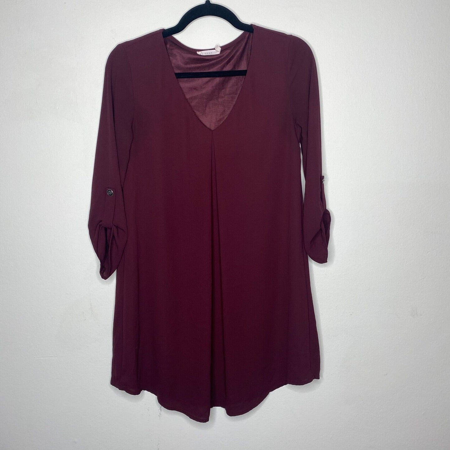 Lush Inverted Pleat V-Neck Plum Drapey Shirt Tail Dress 3/4 Tab Sleeves XS