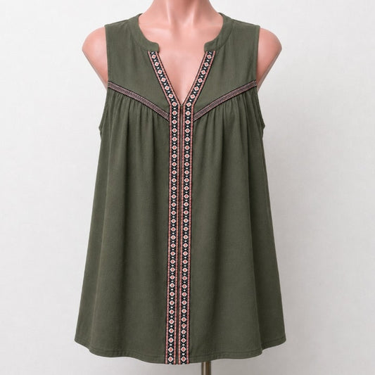 Braeve Olive Green Black Pink & White Aztec Print Trim Sleeveless Flowy Blouse S