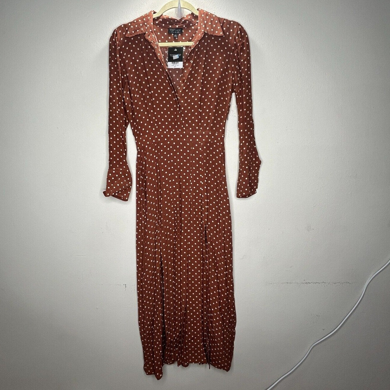 Topshop Brown Cream Polka-Dot 3/4 Sleeve Front Button Pleated Slit Maxi Dress 2