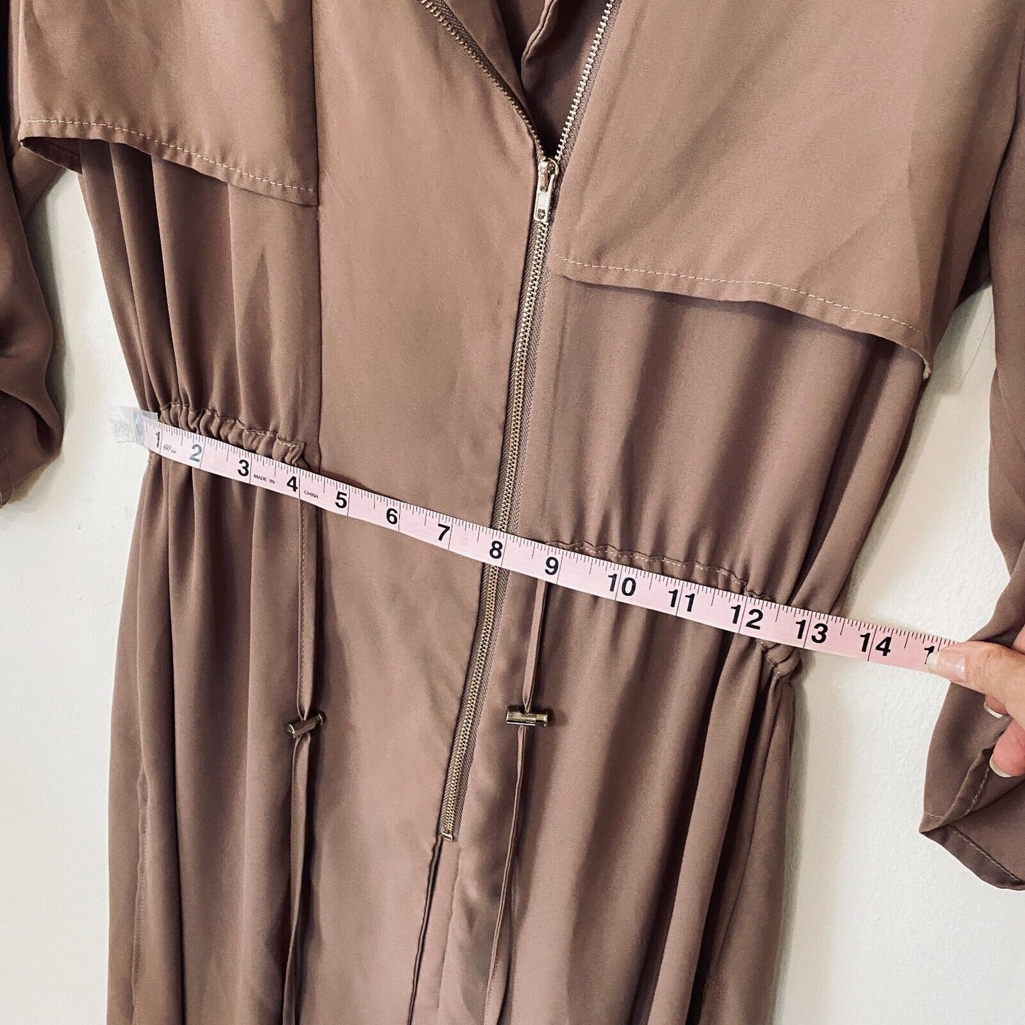 Spoon Milk Chocolate Utility Cinch Waist Tab Sleeve Shirtdress Front Zip S