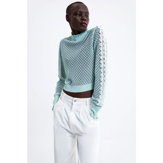 ZARA Aqua Crochet Knit White Lace Stripe Ruffle Neck  Crop Sweater S