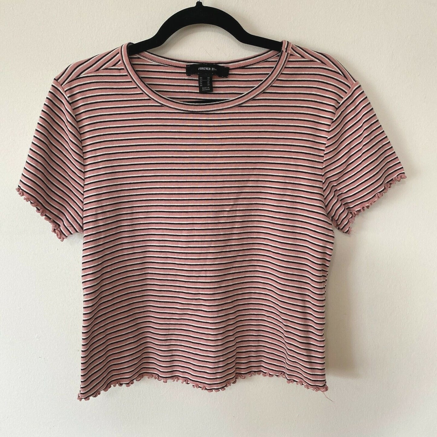 Blush Pink Black & White Stripe Round Neck Crop Top Lettuce Hem Top 1X