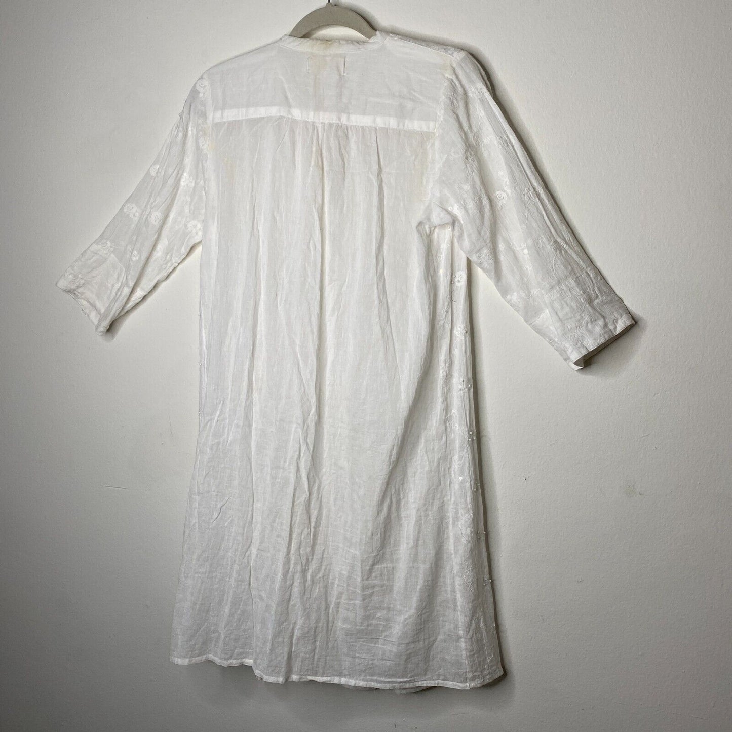 Antica Sartoria Gauze and Crochet Beaded Half Button White Dress 3/4 Sleeves S