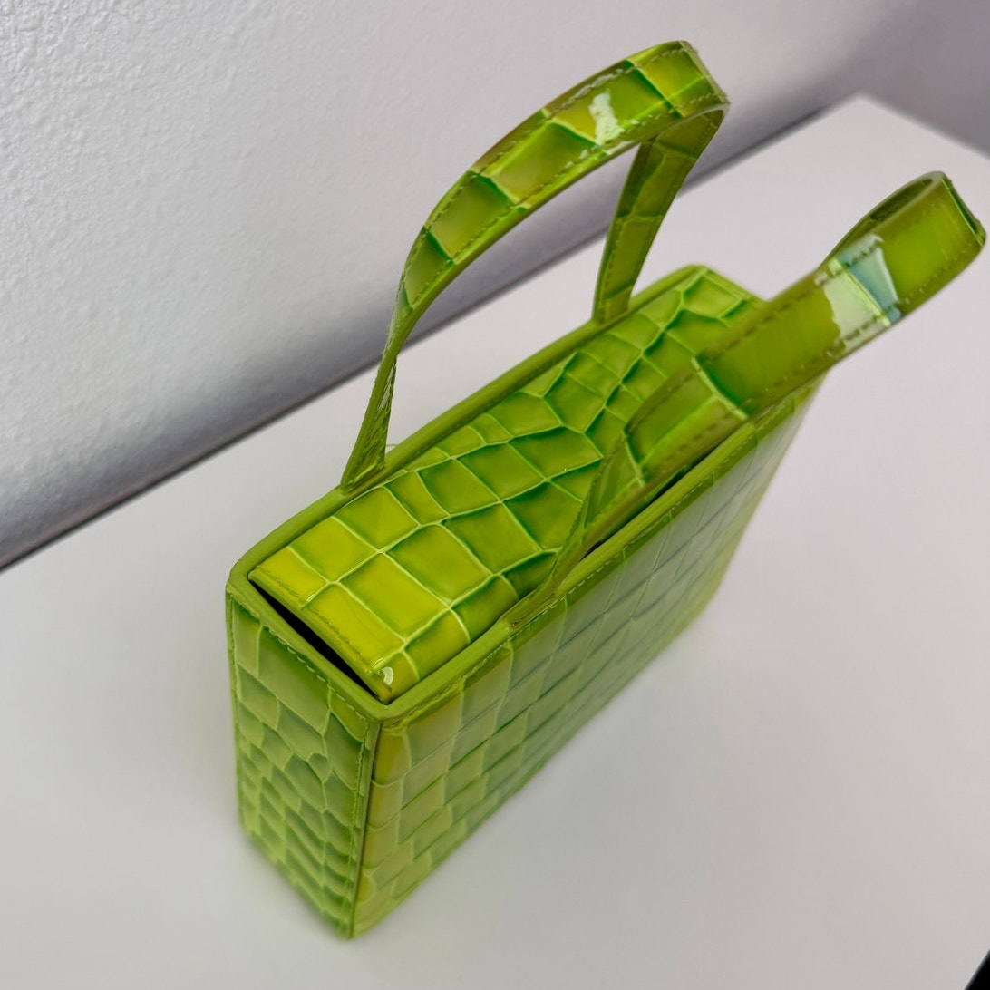 EUC Amina Muaddi Mini Croc Embossed Lime Green Leather Top Handle Bag
