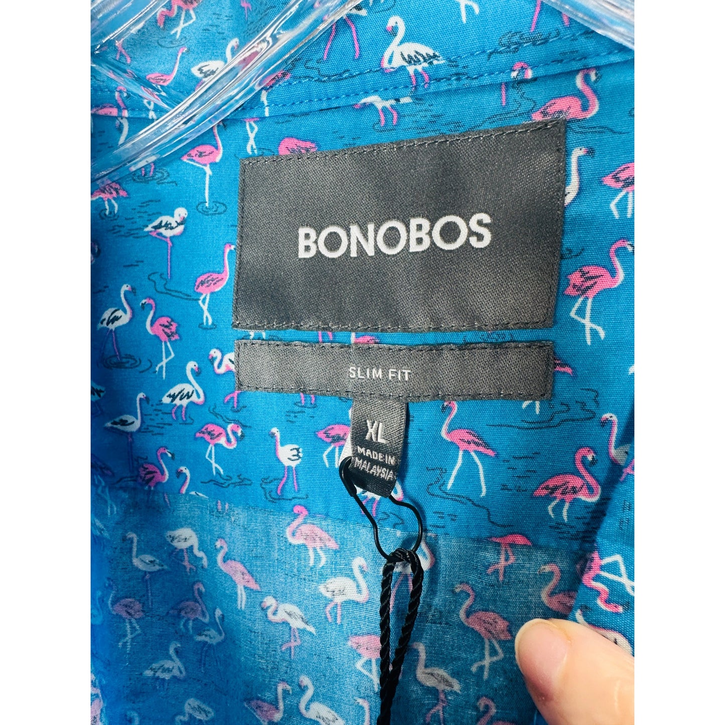 NWT Bonobos Blue with Tiny Pink & White Flamingos Button Shirt XL