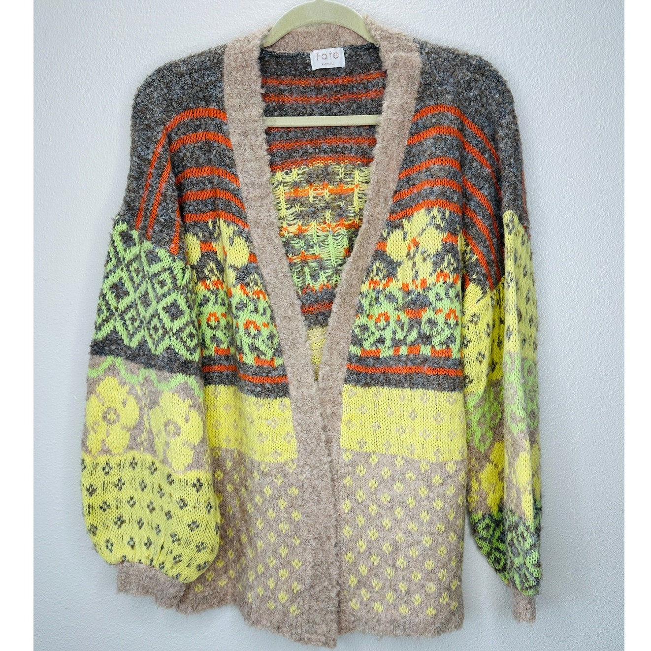 Fate Yellow Tan Gray Multi Floral & Stripe Print Open Front Cardigan XS