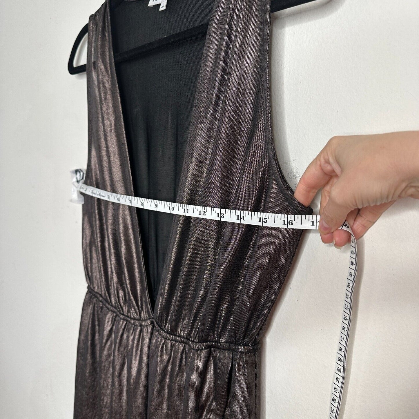 About Us Meredith Plunge Maxi Deep VNeck Sleeveless Shiny Bronze Metallic Small