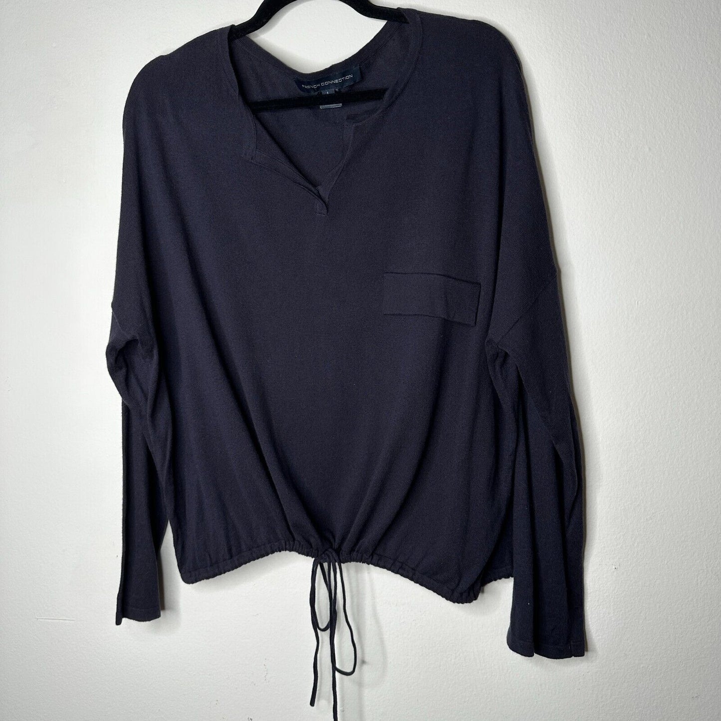 French Connection Drawstring Hem Silk Blend Long Sleeve VNeck Navy Sweater L