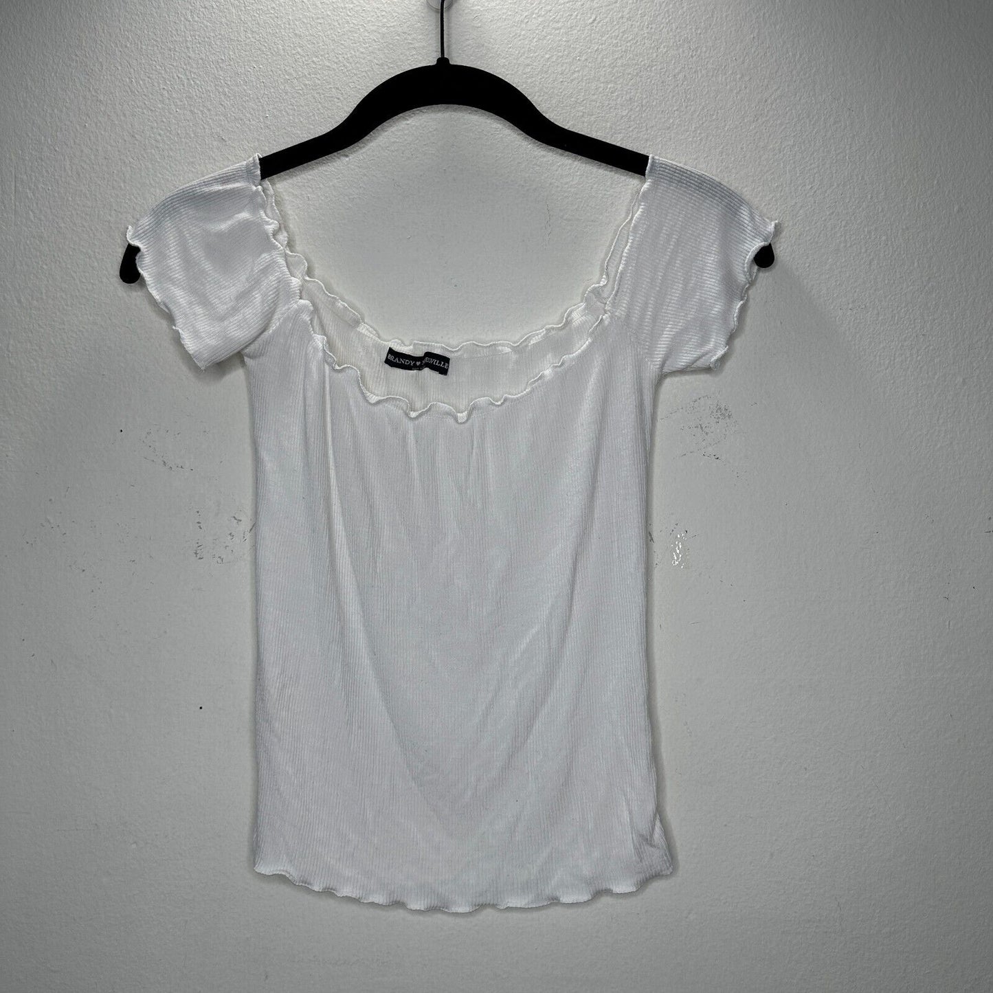 Brandy Melville White Crop Top Lettuce Trim Hem Neckline & Sleeve Rib Knit OS