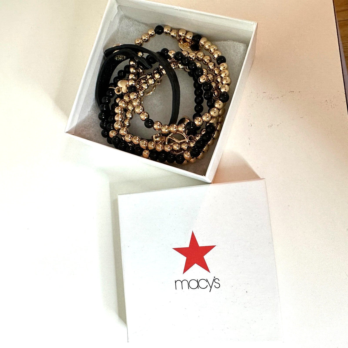 NWOT Macy's Black & Gold Multilayer Skull Heart Peace Bead Leather Wrap Bracelet