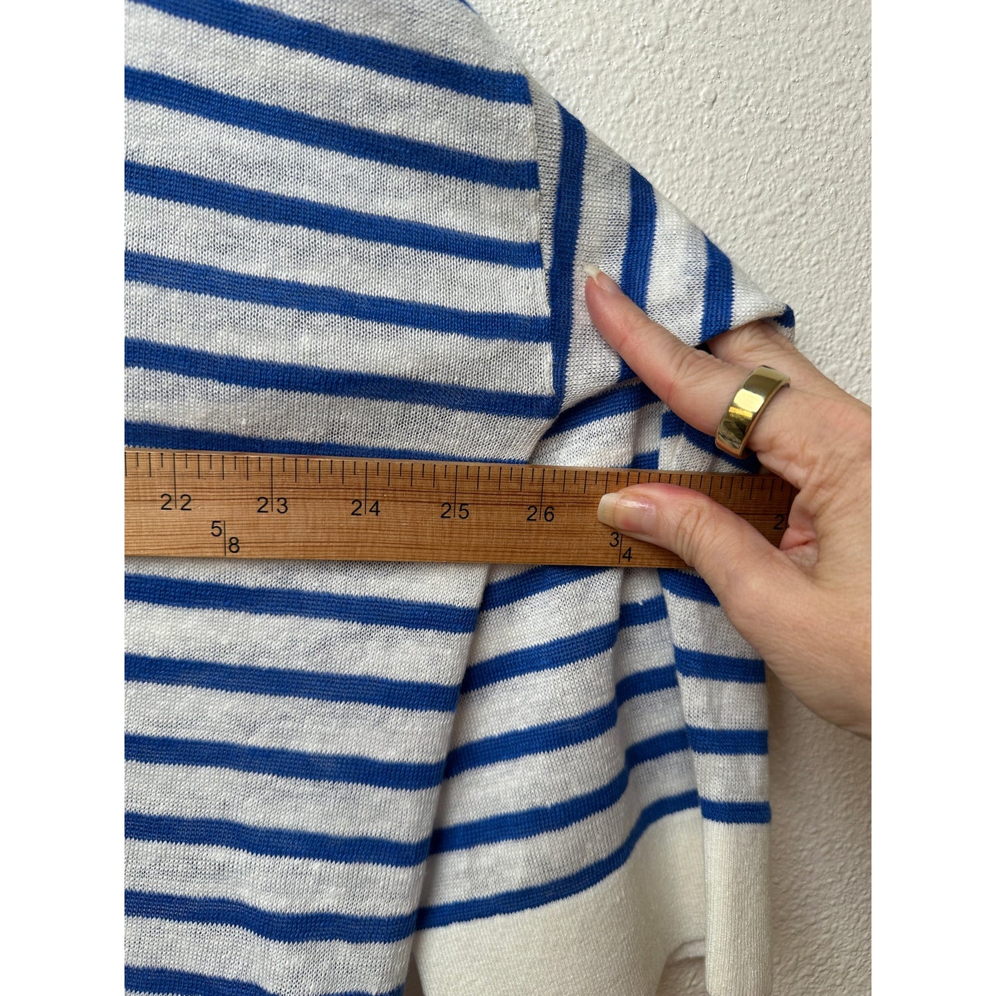 Poetry Ivory Blue Striped Linen Knit Collared V-Neck Boxy Sweater US 12