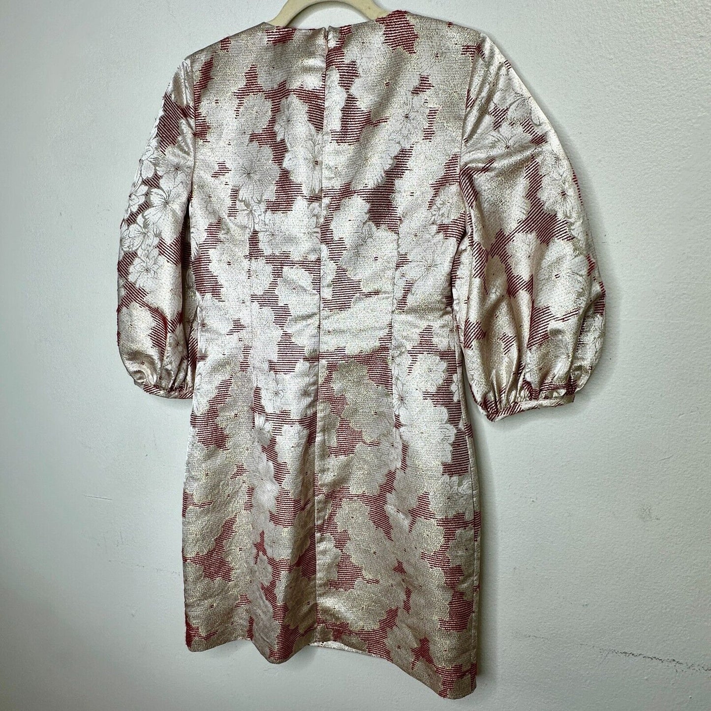 Belle Badgley Mischka Red & Gold Metallic Stripe Floral Balloon Sleeve Dress 2