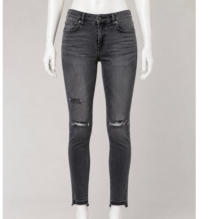 Fashion Nova Tinseltown Charcoal Gray Distressed Knees Raw Hem Skinny Jean 3