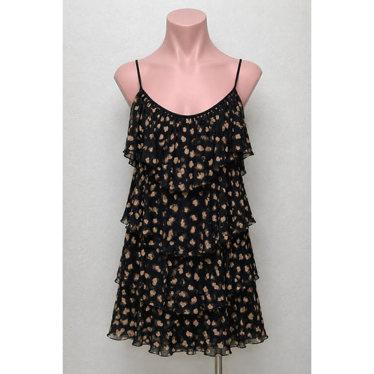 Carina Duek Black Peach Polka Dot Heart Vneck Tiered Ruffle Mini 40 / S