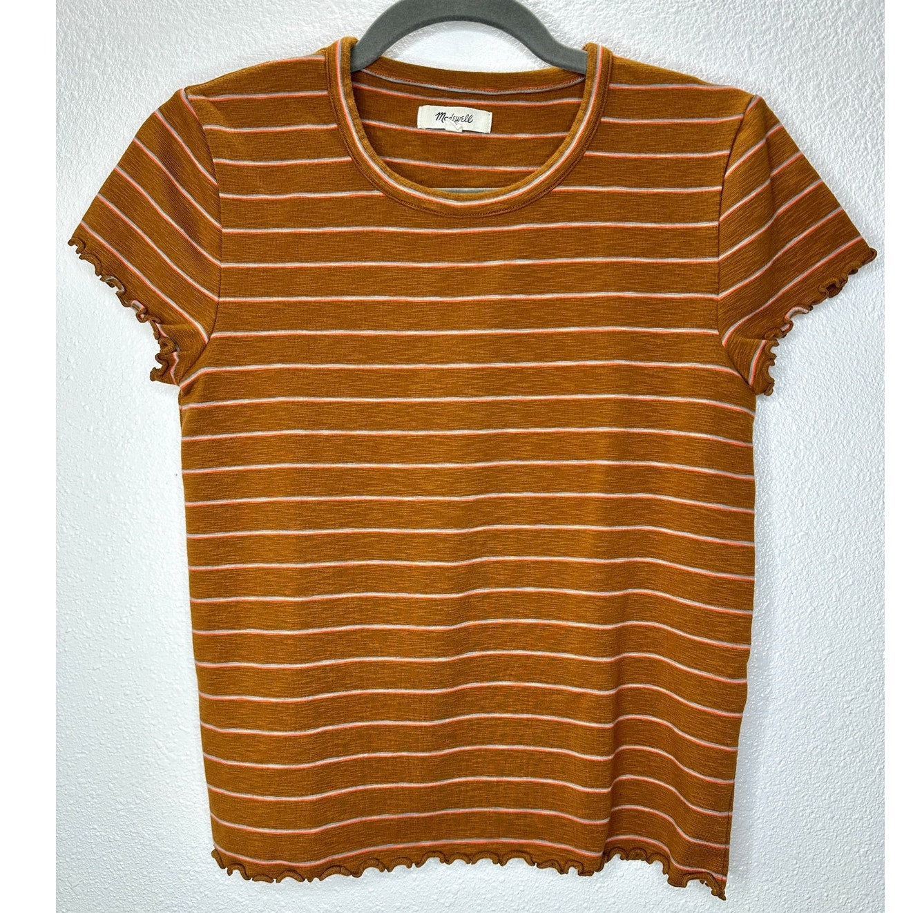 Madewell Rust Brown Peach Blue Stripe Short Sleeve Lettuce Hem Shirt M