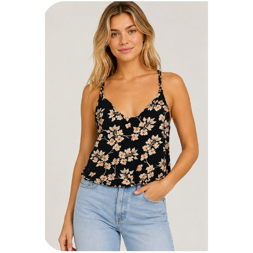 Boho Floral Braided Twist Back Tank Top XS Black Peach Cream Linen Summer Look